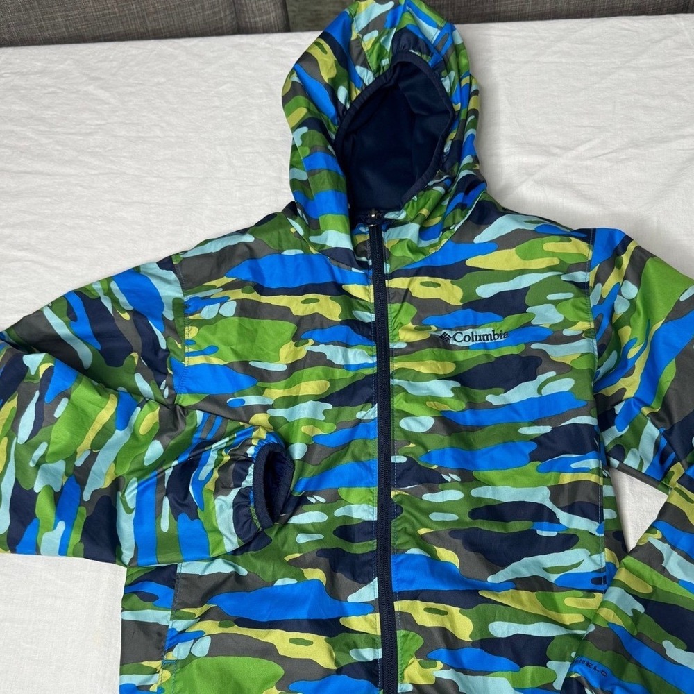 Columbia Windbreaker Kids L 14/16 Blue Green Camo Good Omni-Wick Hooded Jacket